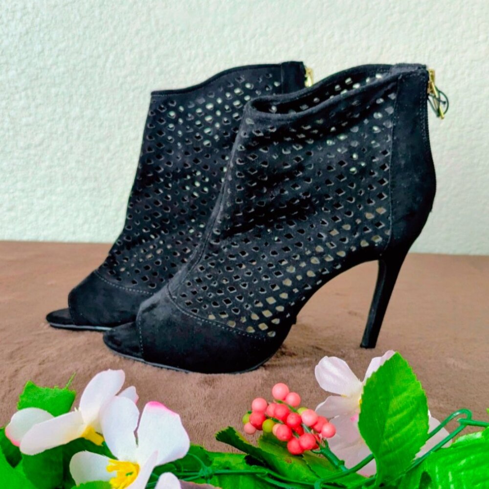 Black Suede Open Toe High Heel Shoes - NWT